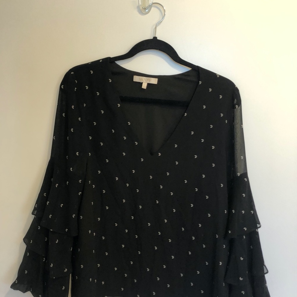Moon Print Black Long Sleeve Blouse
